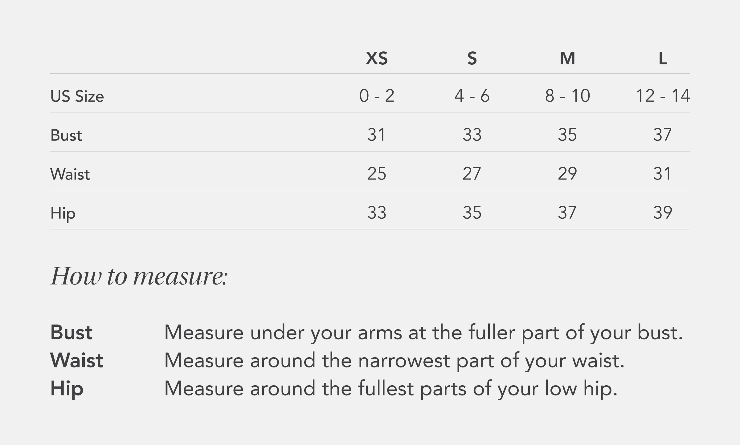 Spring/Summer Size Guide